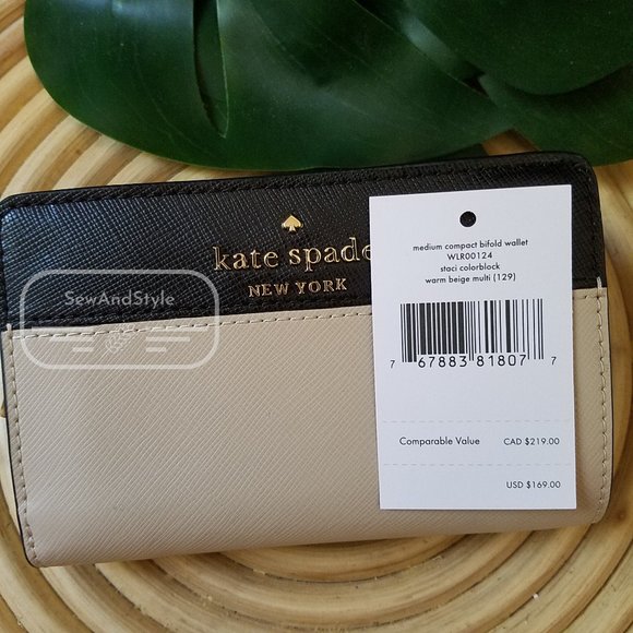 MEDIUM COMPACT BIFOLD WALLET KATE SPADE STACI COLORBLOCK WARM BEIGE BLACK BRAND - Picture 2 of 10